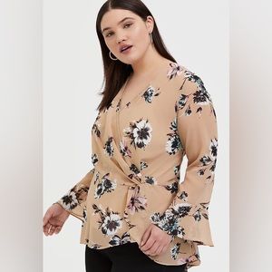 Torrid Chiffon Side Knot Wrap Bell Sleeve Blouse Floral Brown 2X